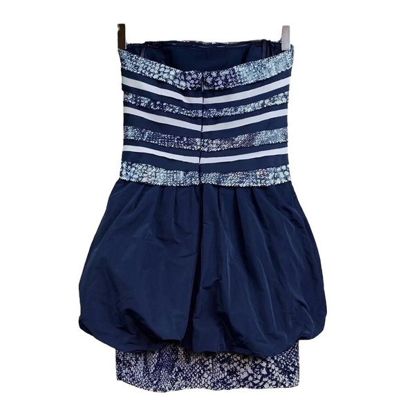 BCBG MaxAzria Milo Sequined Peplum Strapless Dress Navy White Size 2 - Picture 2 of 8